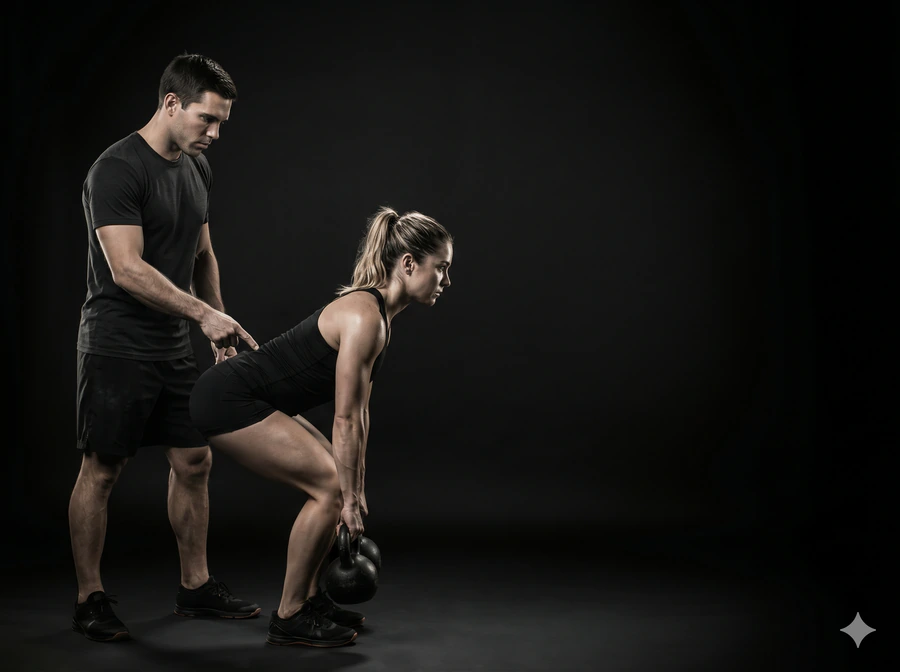 Coach cueing an athlete mid-assessment with a dumbbell.