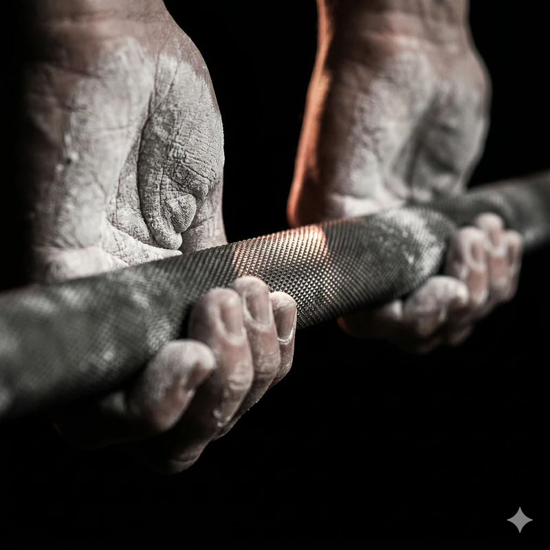 Chalked hands gripping a knurled barbell.