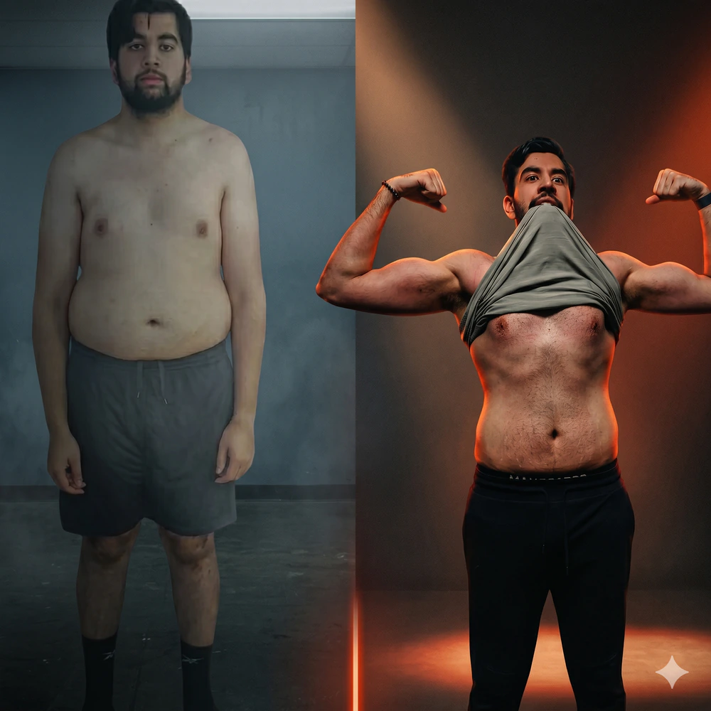 Retraine member before and after sixteen weeks of training, with visible fat loss and lean mass gain.